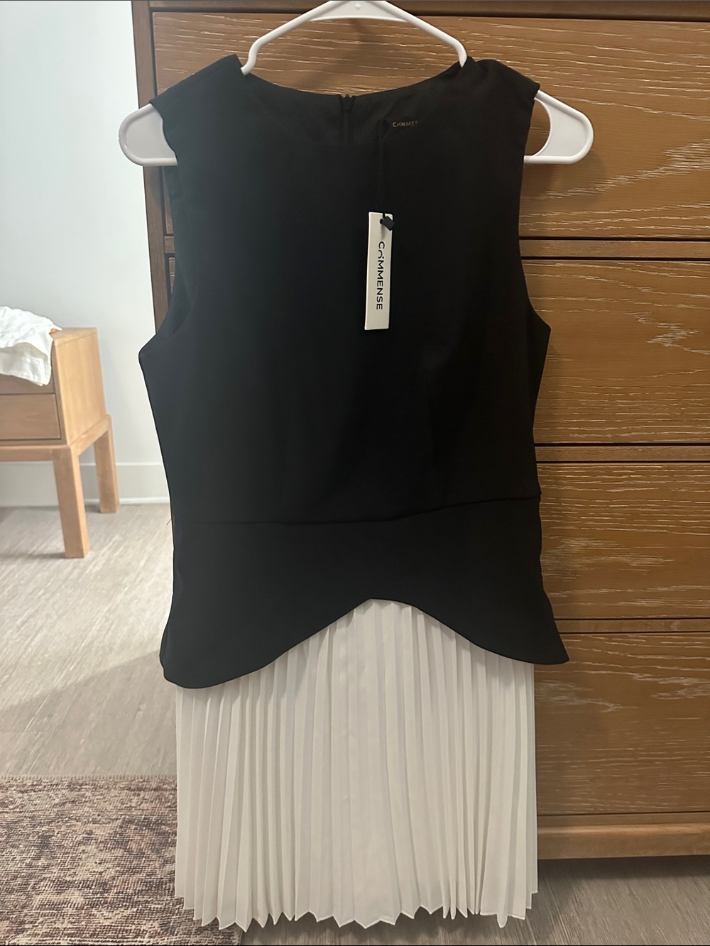 Commense Black and White Pleated Hem Dress